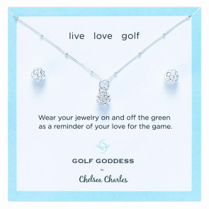 Golf Ball Charm Necklace and Earrings Gift Set - Silver